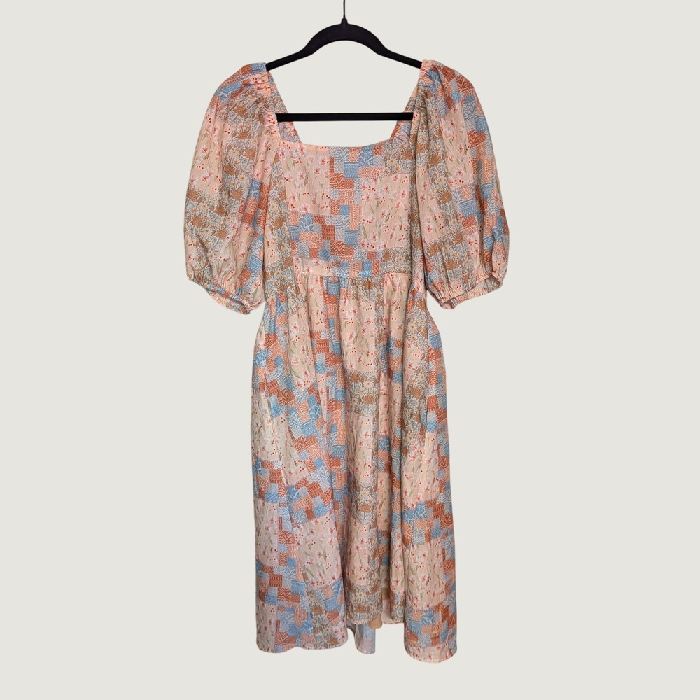 Polagram Cottage Boho Patchwork Floral Puff Sleeve Midi Dress Peach Blue Large